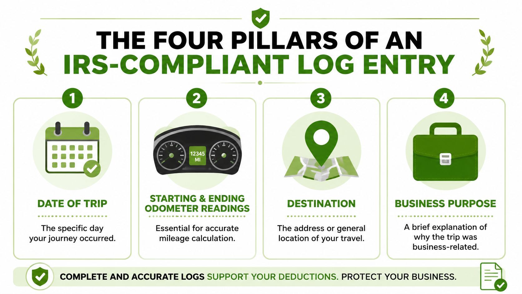 An infographic detailing the four essential requirements for creating an IRS-compliant mileage log for business travel.