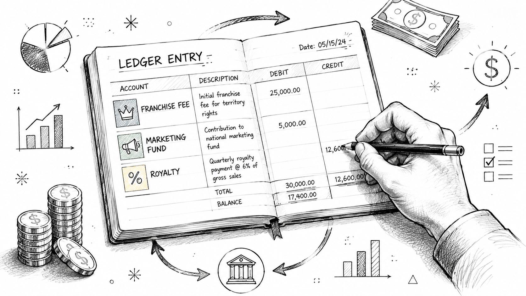 A hand writes financial ledger entries for franchise fees, marketing funds, and royalties in an accounting notebook.