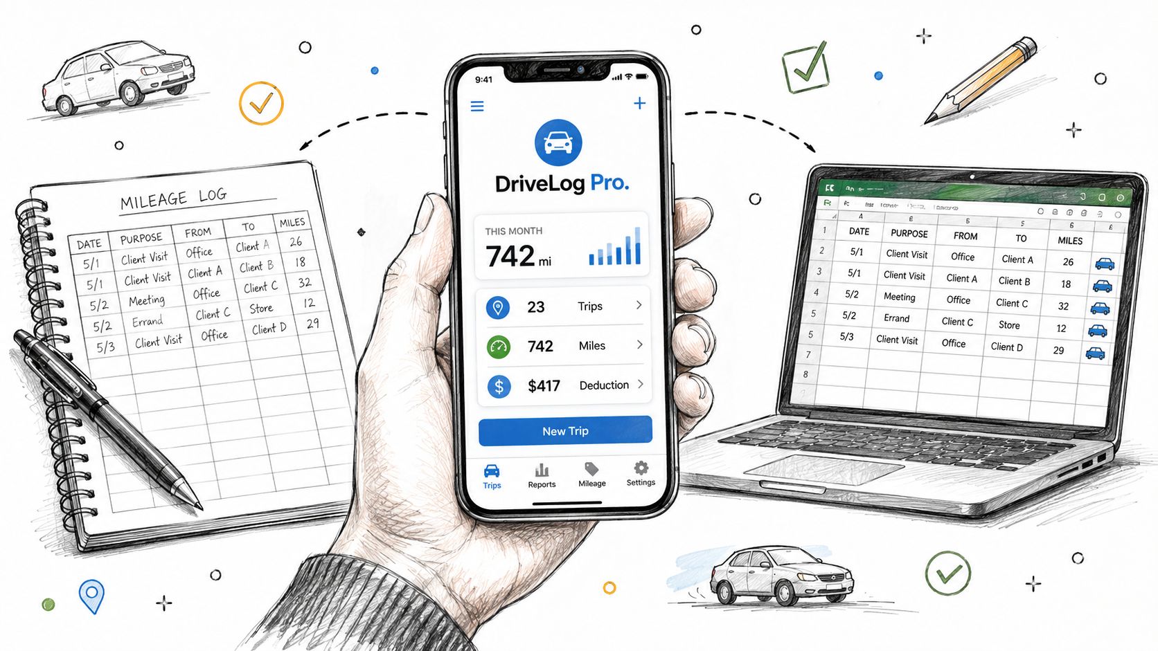 A hand holds a smartphone showing a mileage tracking app connected to a paper notebook and spreadsheet.