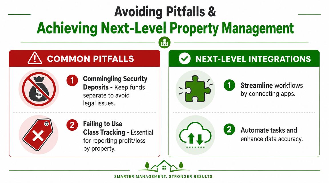 An infographic comparing common property management pitfalls against next-level integration strategies for better business results.