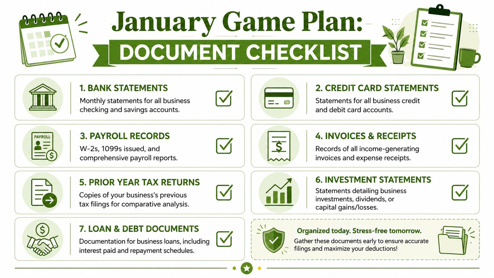 A checklist infographic titled January Game Plan listing seven essential business documents for tax preparation and organization.