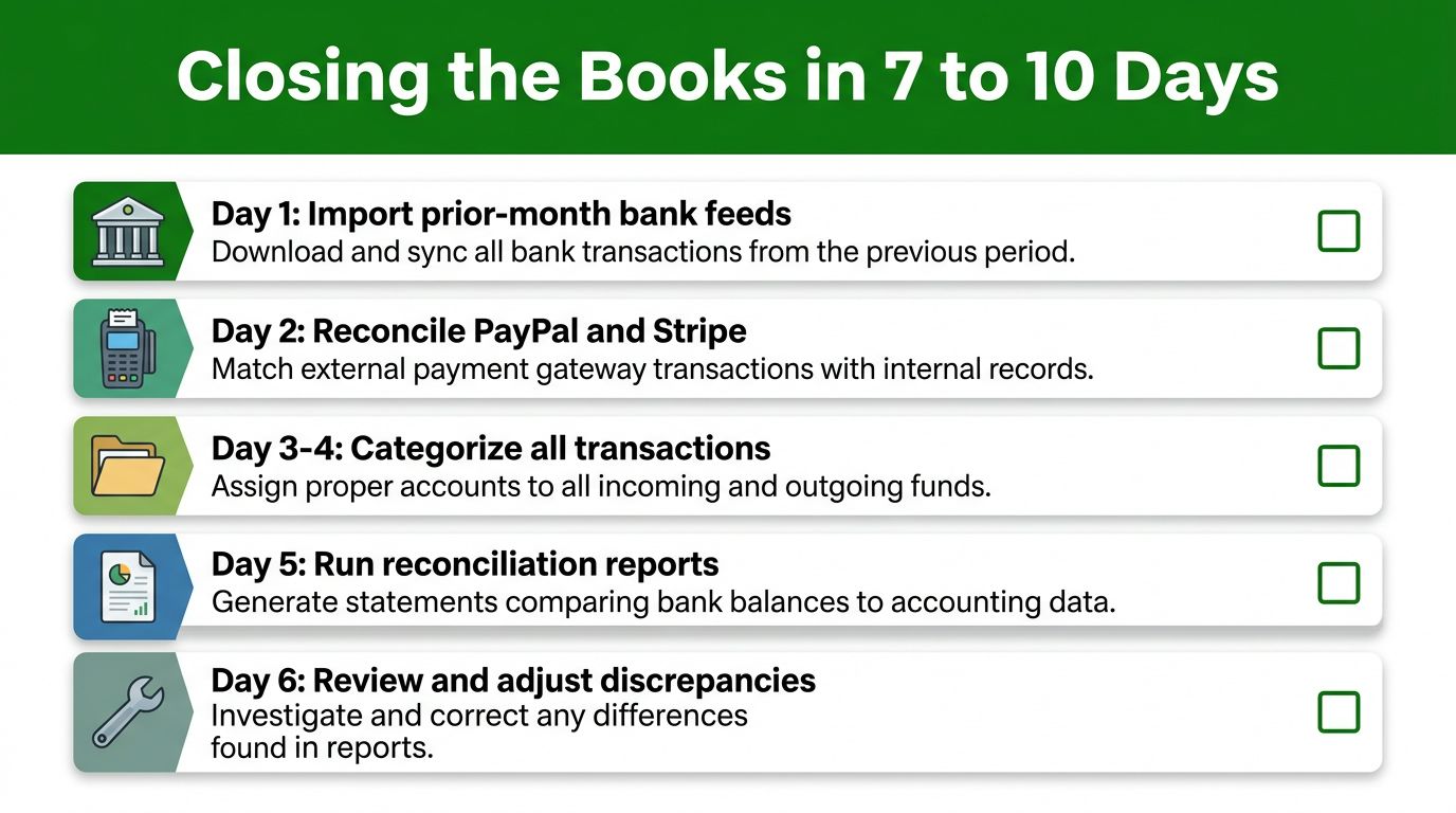 A checklist for closing the books in 7 to 10 days, outlining daily accounting tasks and procedures.