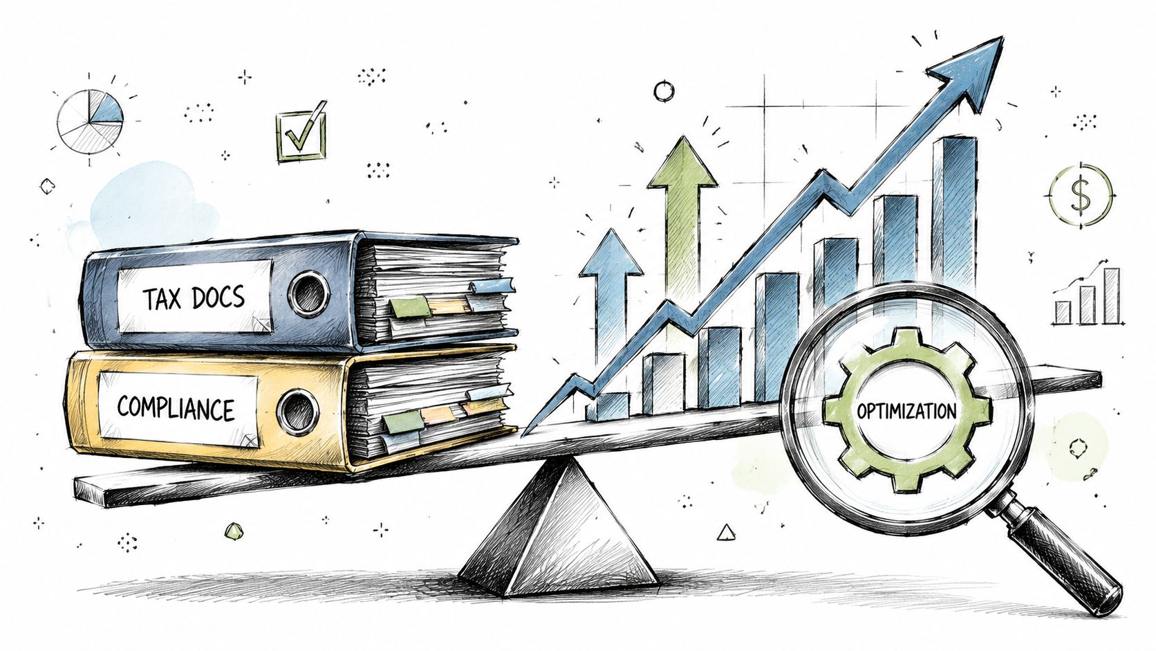 A hand-drawn illustration showing tax documents and compliance binders balanced against a magnifying glass over optimization.
