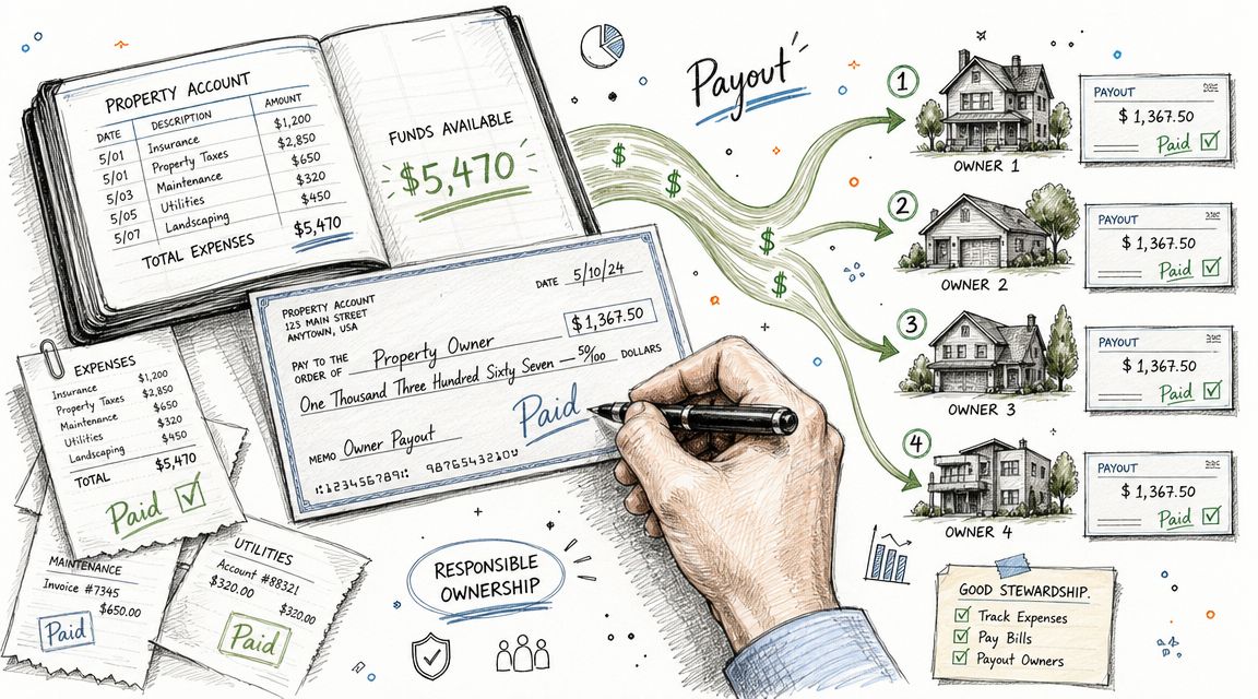 An illustrated diagram demonstrating how property management accounting tracks expenses and calculates owner payouts efficiently.