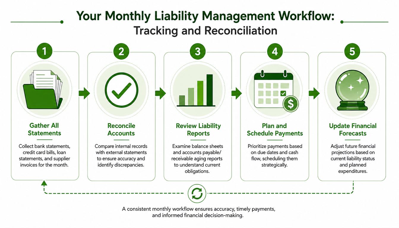 A five-step flowchart infographic illustrating a professional monthly liability management workflow for tracking and financial reconciliation.