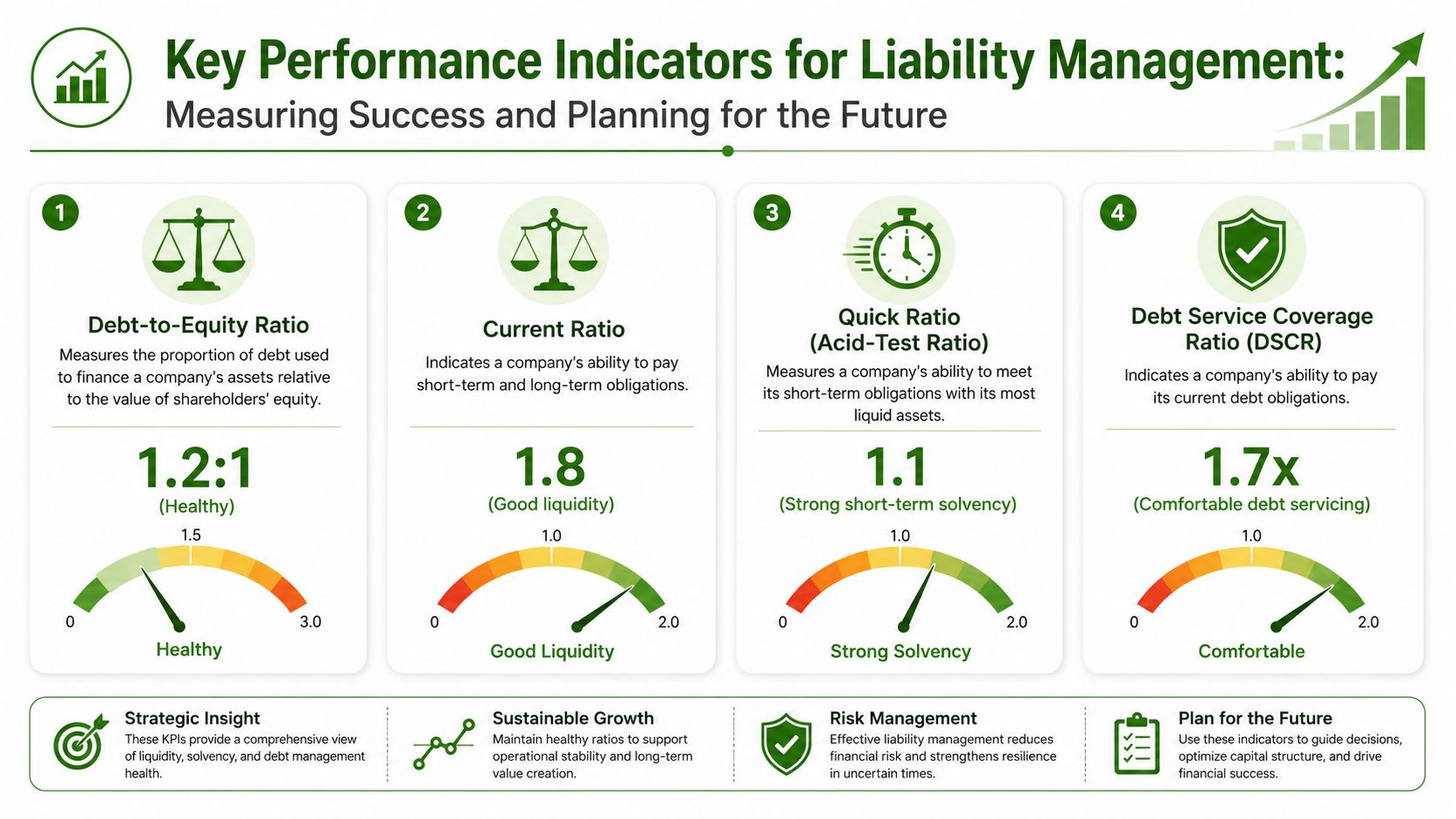 An infographic showing four key performance indicators for liability management with explanations and health measurement gauges.