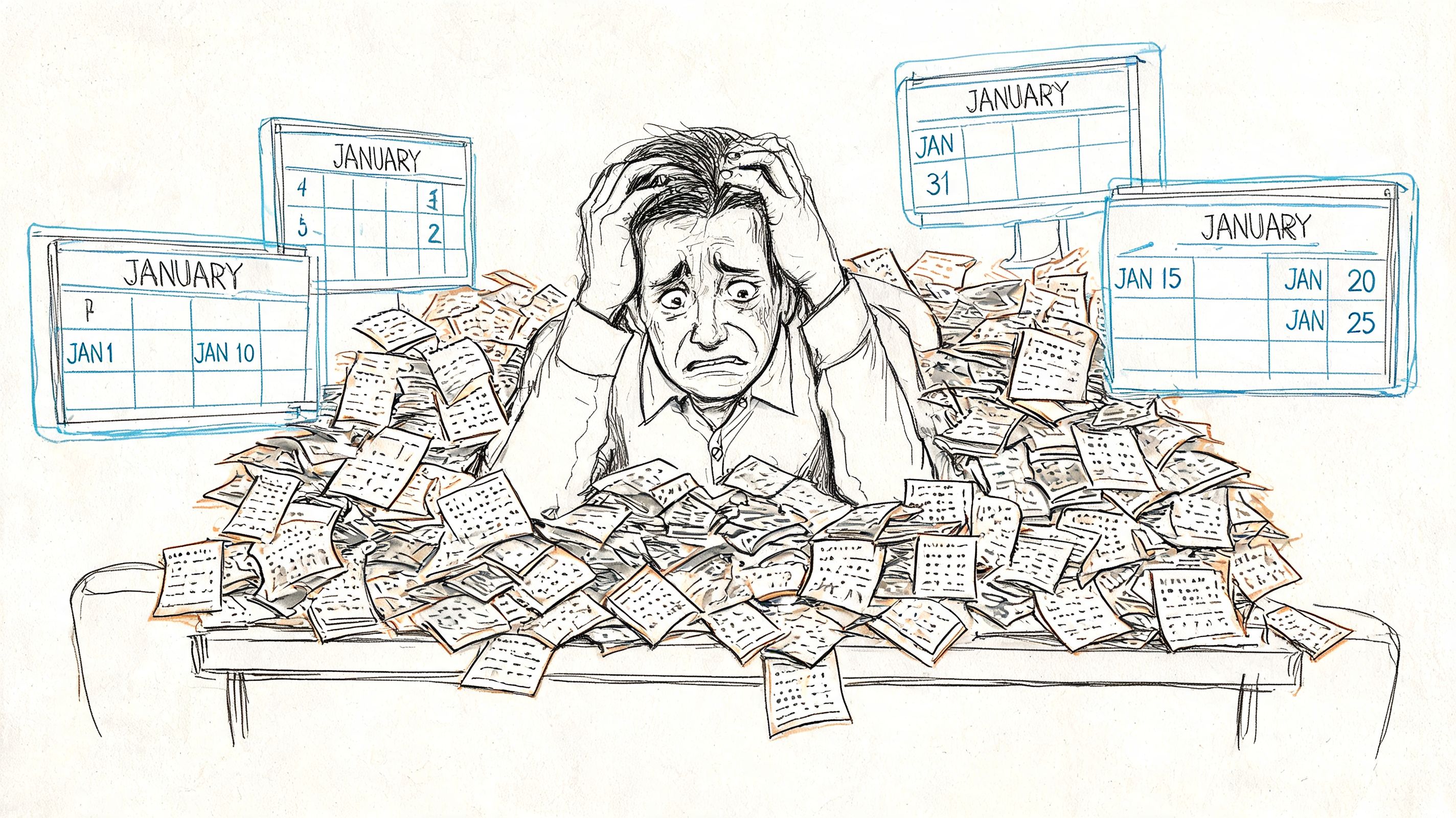 A stressed man overwhelmed by a massive pile of tax forms and numerous January calendar reminders.