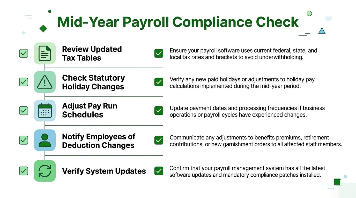 A checklist infographic titled Mid-Year Payroll Compliance Check listing five essential steps for managing payroll tasks.