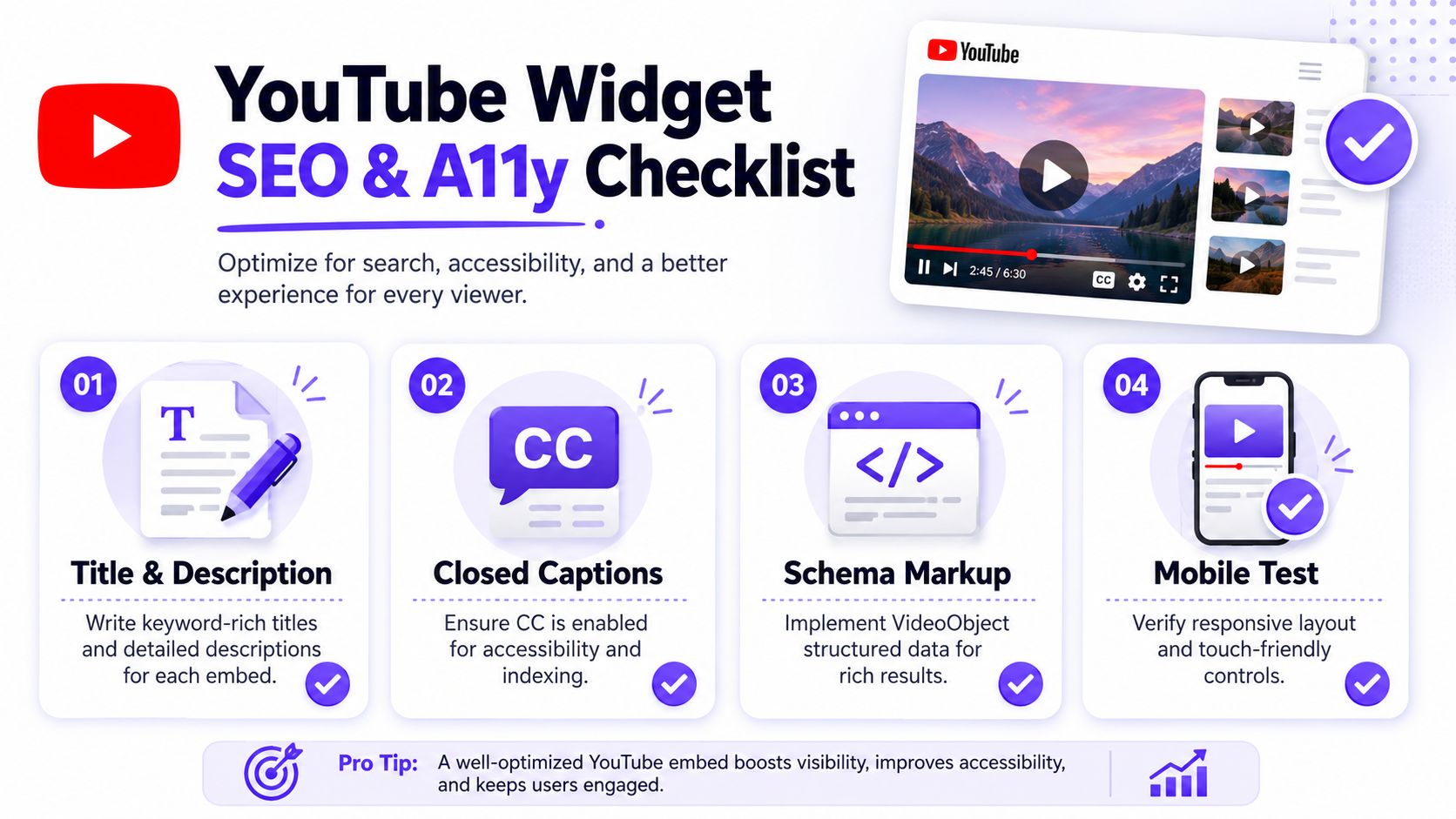 An infographic checklist for optimizing YouTube widgets to improve search engine rankings, accessibility, and user engagement.