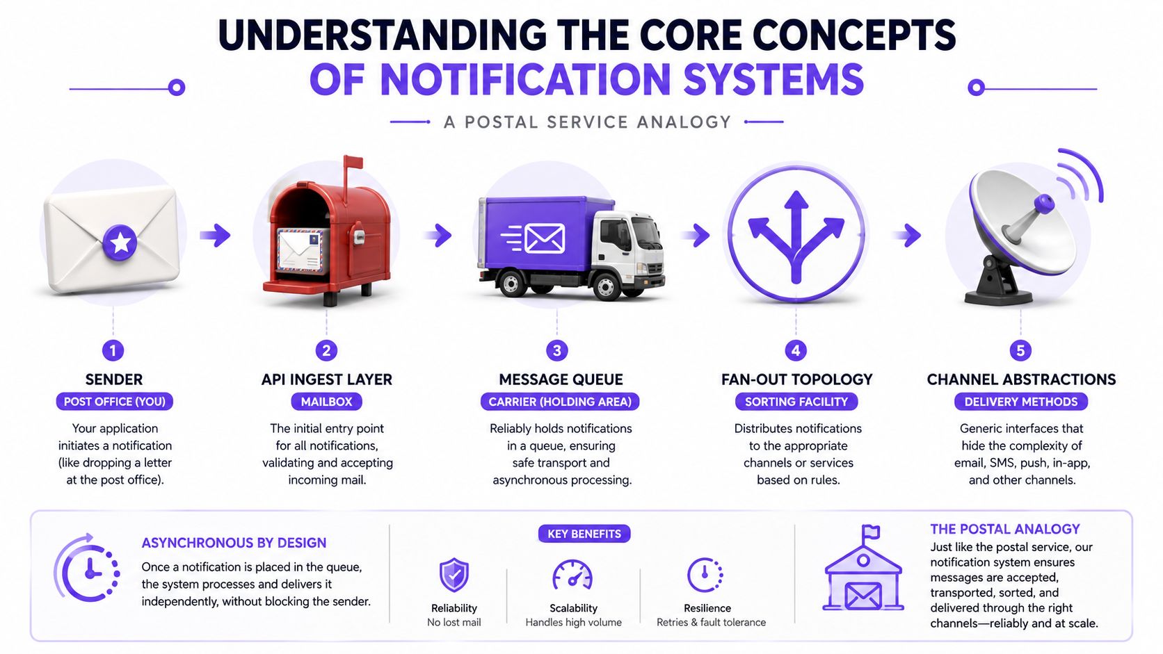 A diagram illustrating the core concepts of notification systems using a postal service analogy for developers.