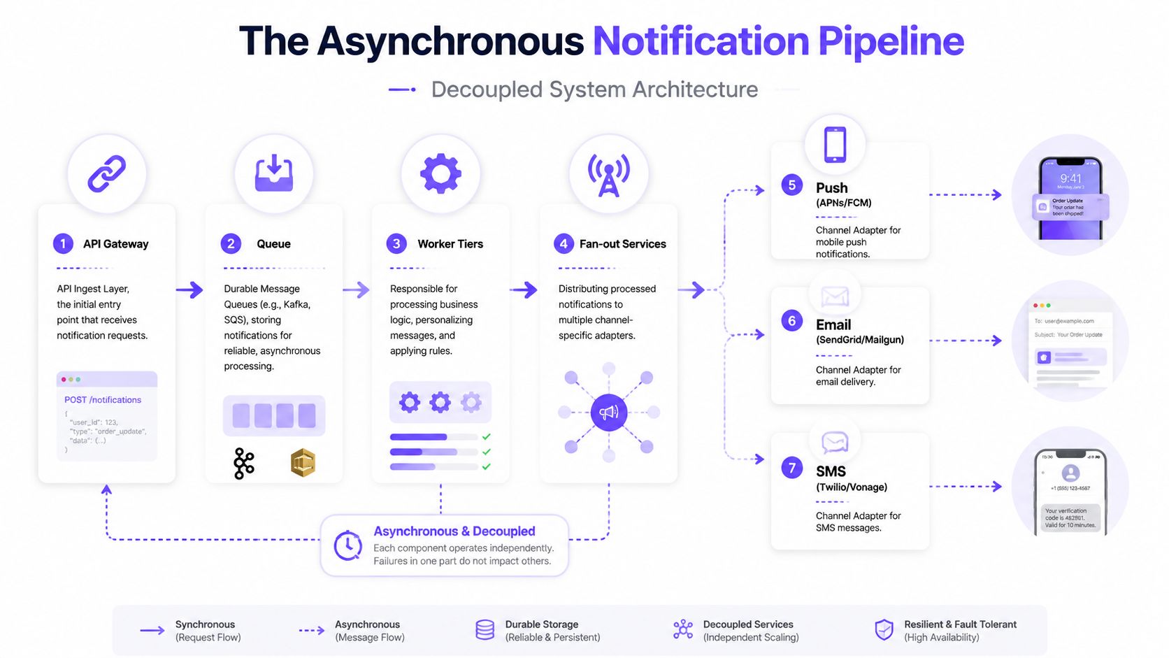 A diagram illustrating an asynchronous notification pipeline architecture using queues, worker tiers, and various message delivery channels.
