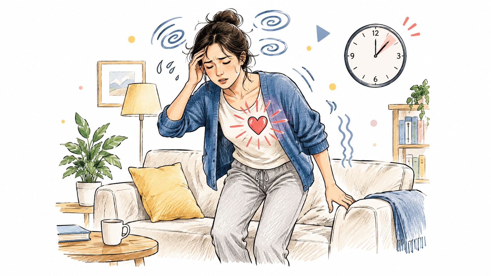 A woman feeling dizzy and experiencing palpitations while standing up, illustrating symptoms of postural orthostatic tachycardia syndrome.