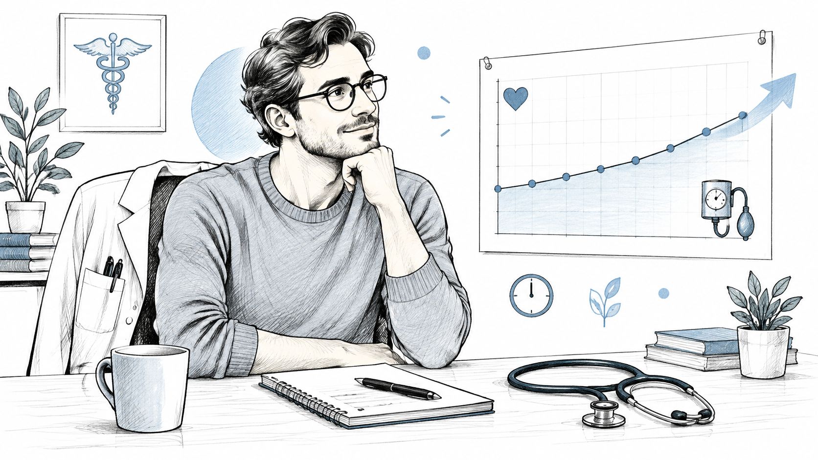 A thoughtful doctor in a sweater sitting at a desk with medical tools and a health graph.