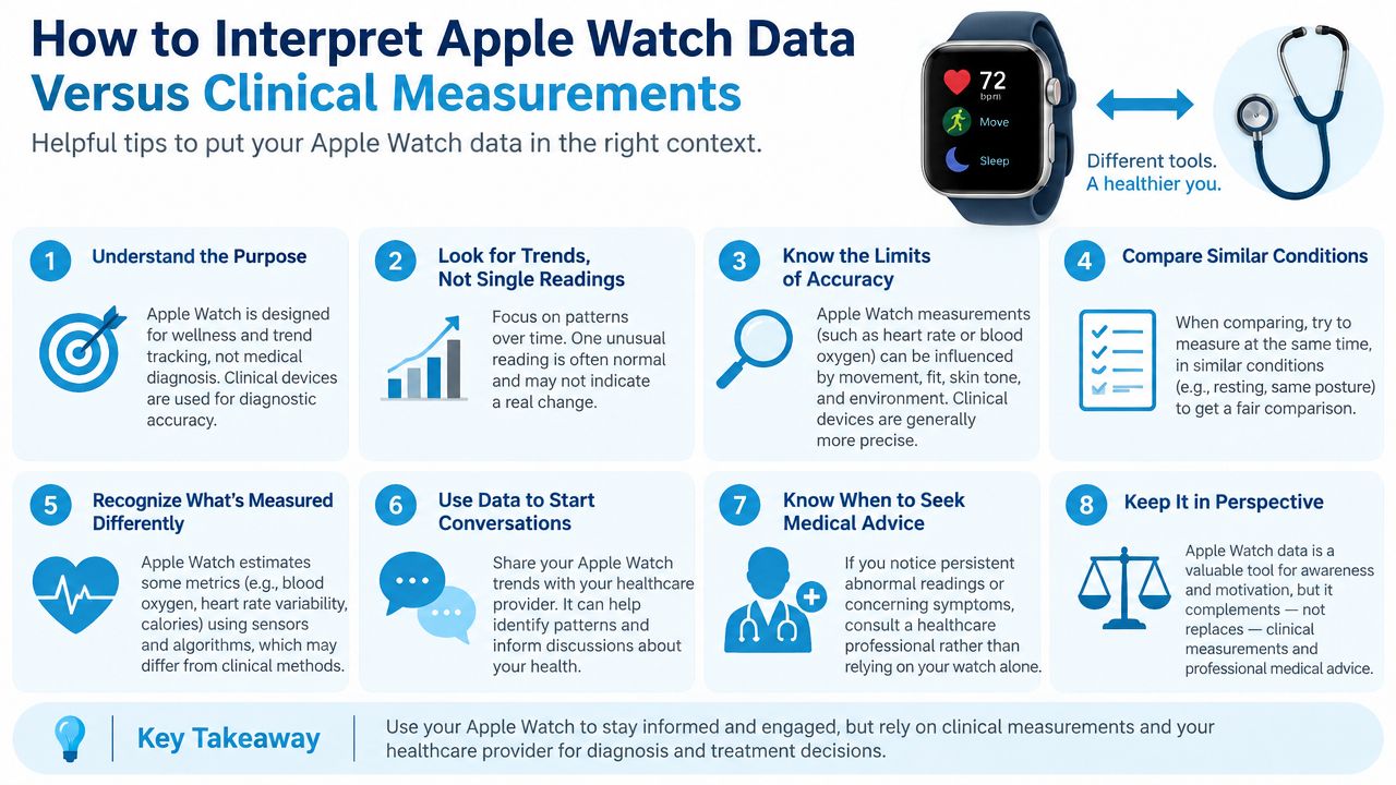 An infographic detailing eight helpful tips for comparing Apple Watch health data against clinical medical measurements.
