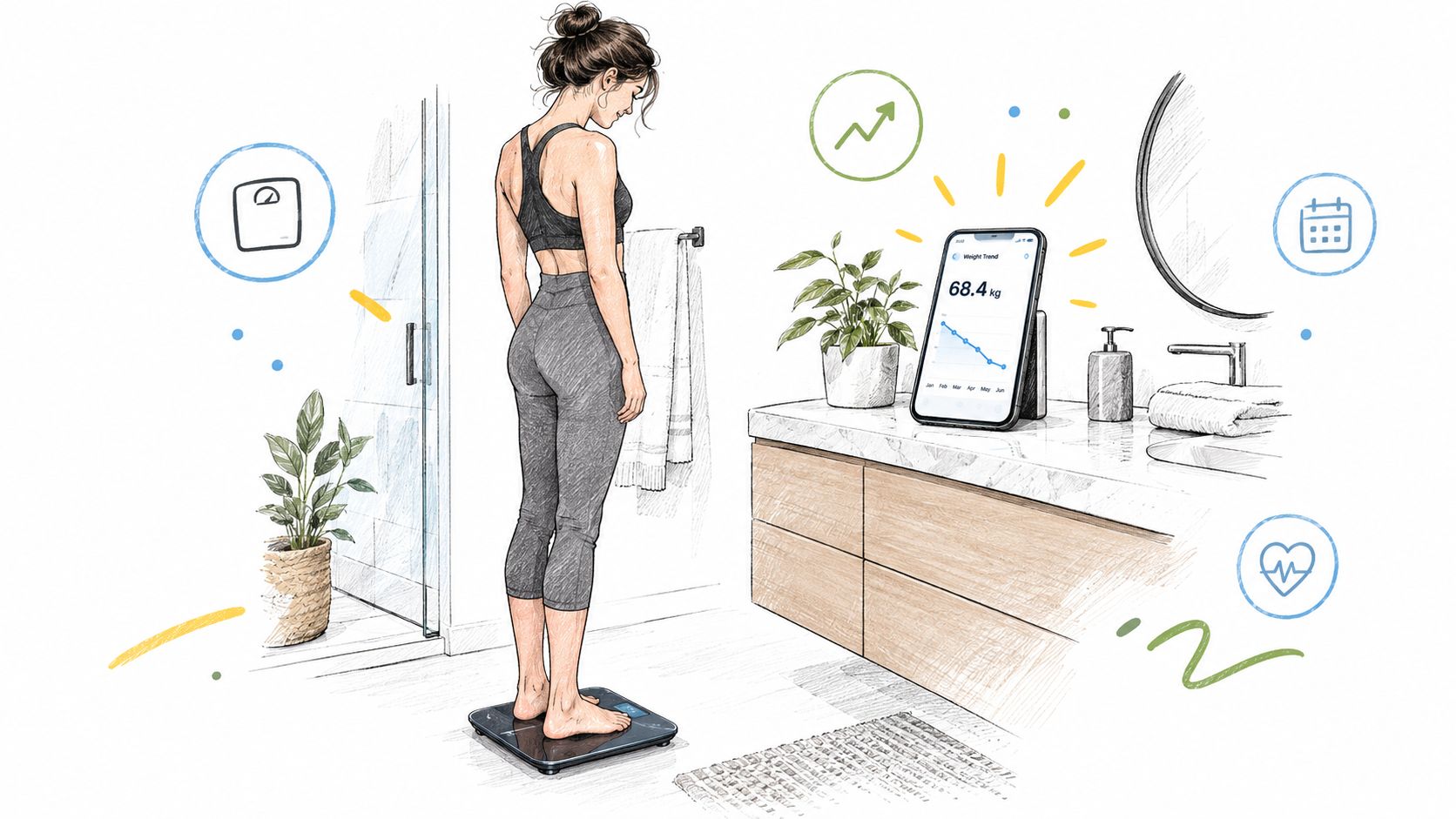 A woman stands on a smart scale in a bathroom while viewing her weight data on a smartphone.