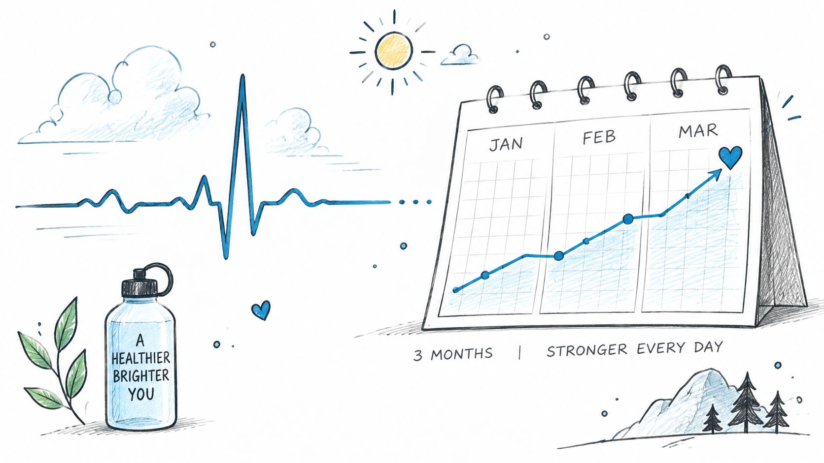 A hand-drawn illustration showing a heartbeat line, a water bottle, and a calendar tracking improvement over months.