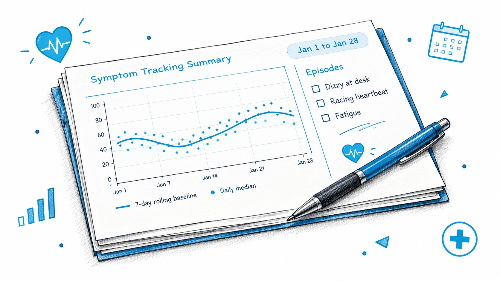 A hand-drawn illustration showing a symptom tracking summary graph with daily median data and a baseline trend.