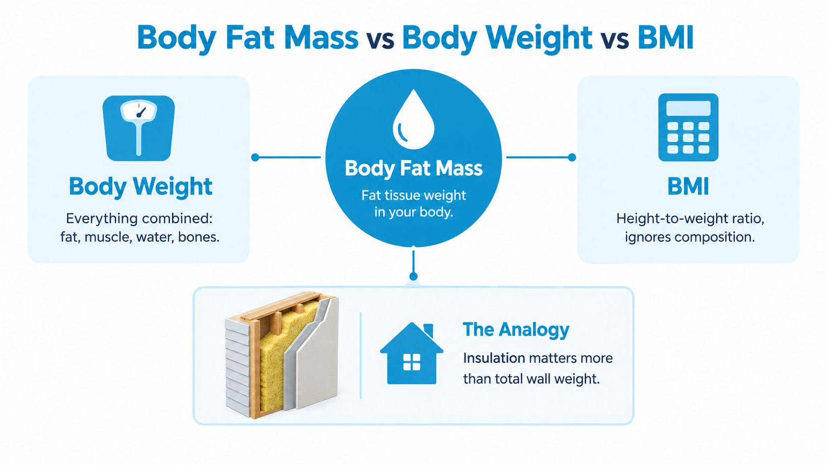 An infographic comparing body fat mass, body weight, and BMI using a house wall insulation analogy.