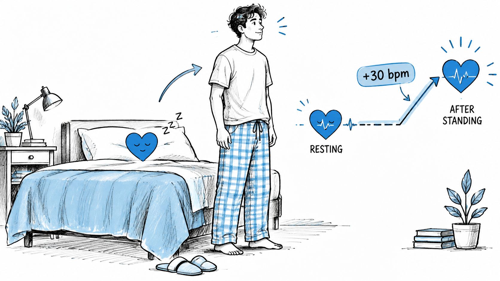 A diagram illustrating the increase in heart rate by 30 bpm when transitioning from resting to standing up.