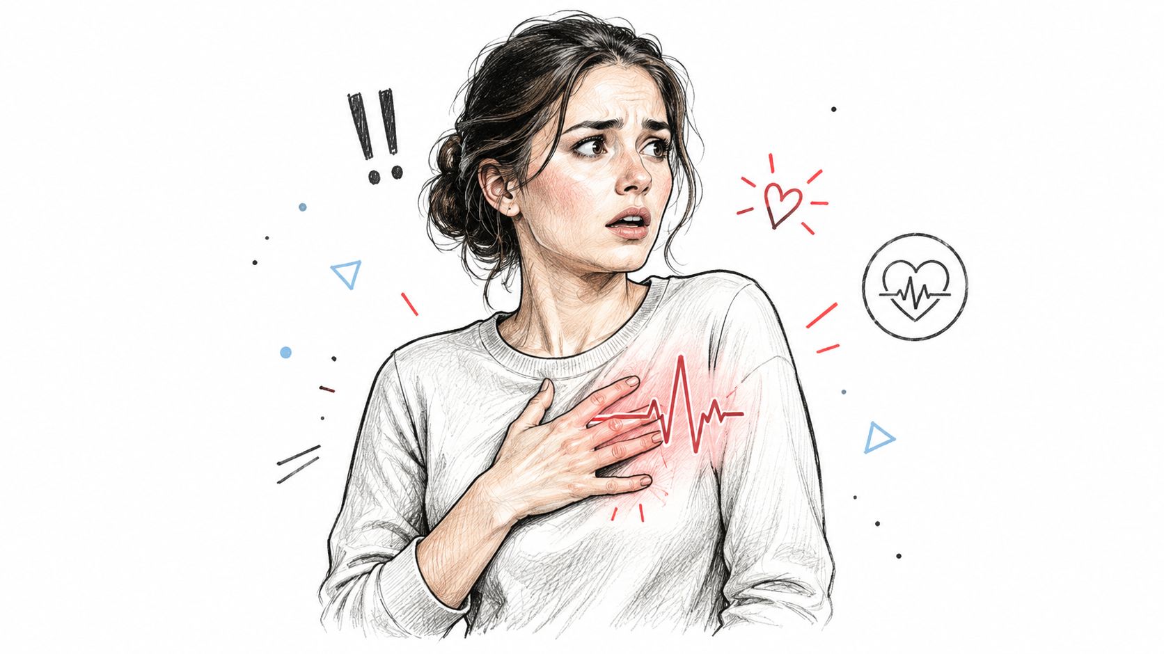 A concerned woman clutching her chest as if experiencing heart palpitations, illustrated in a sketch style.
