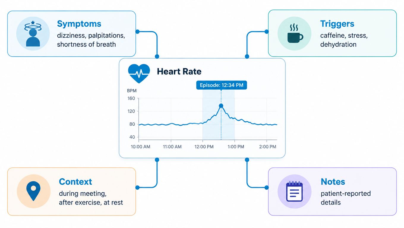 A diagram illustrating the correlation between heart rate data and various personal symptoms, triggers, context, and notes.