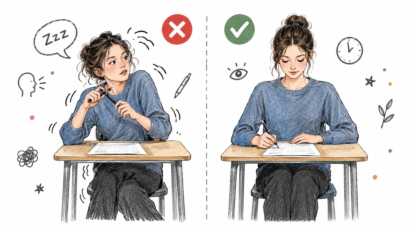 A split image showing a distracted student on the left and a focused student writing on the right.