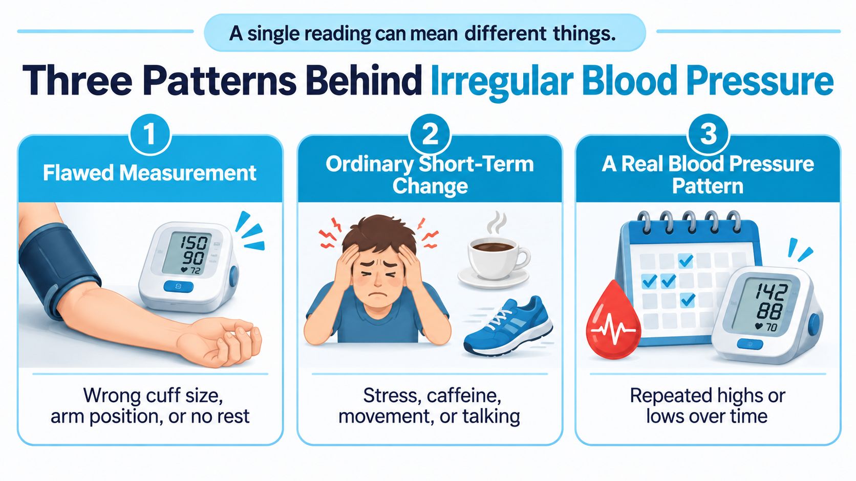An infographic showing three main reasons for irregular blood pressure readings: measurement error, short-term lifestyle changes, and patterns.