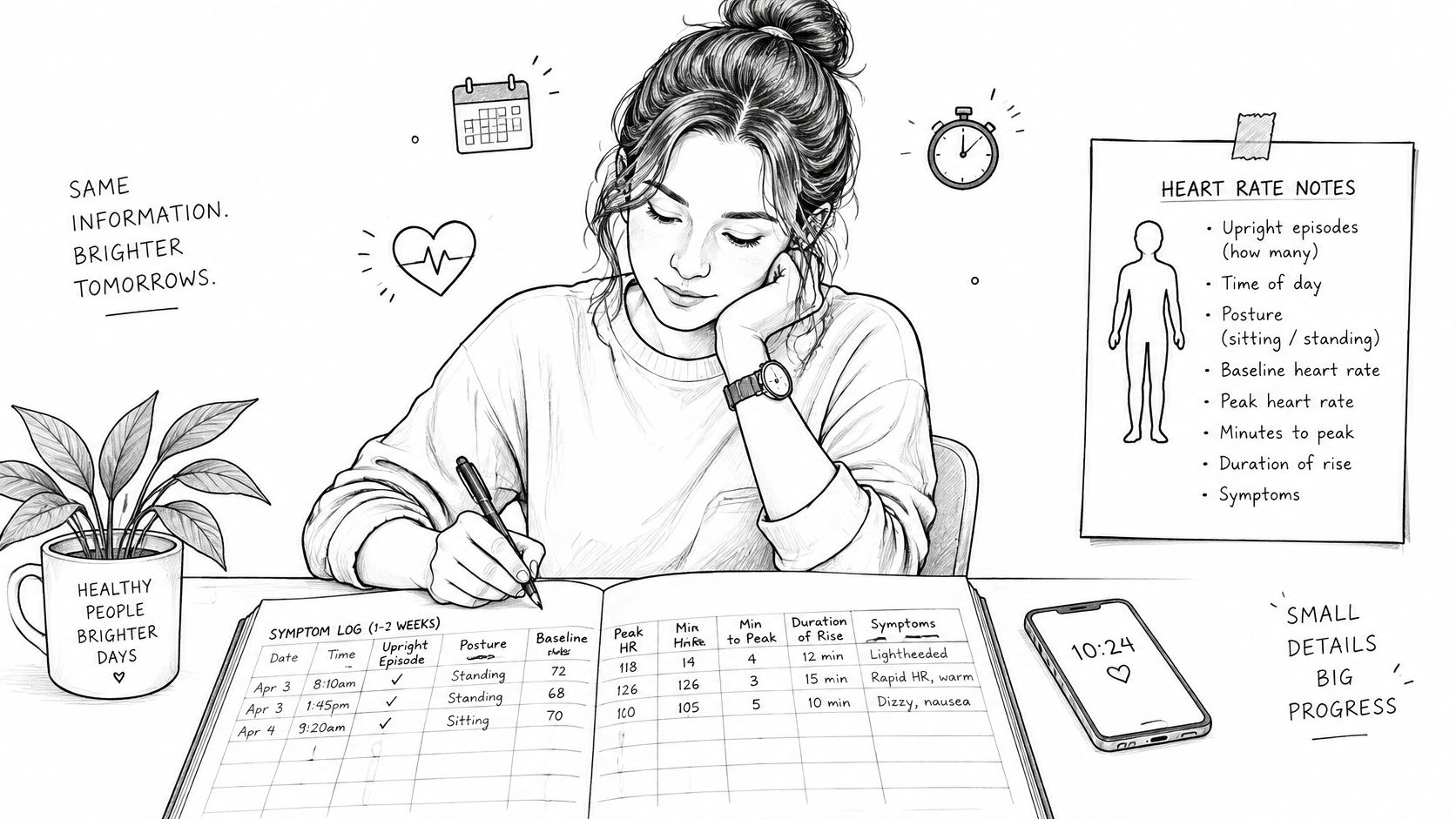 A woman tracking her POTS syndrome symptoms and heart rate data in a symptom log journal.