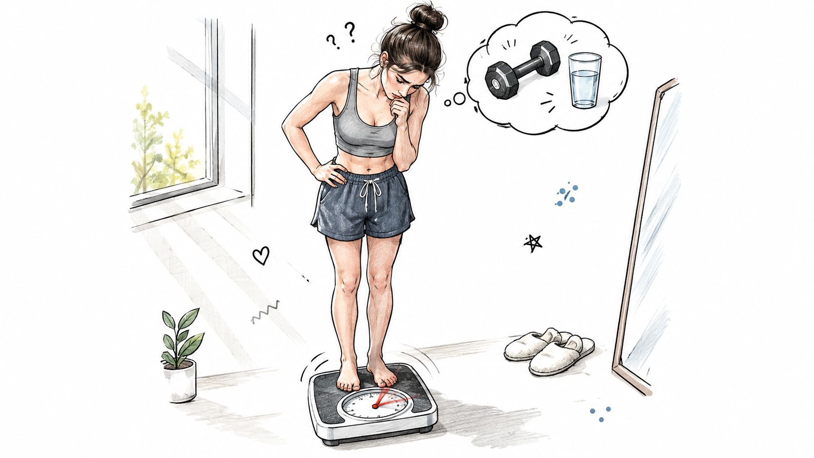 A woman stands on a bathroom scale looking concerned, pondering about fitness, exercise, and hydration.