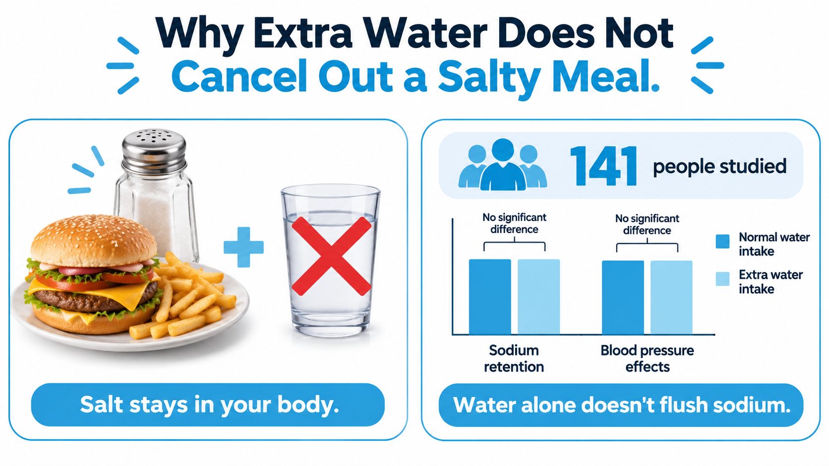 An infographic showing why drinking extra water does not effectively flush out sodium from a salty meal.
