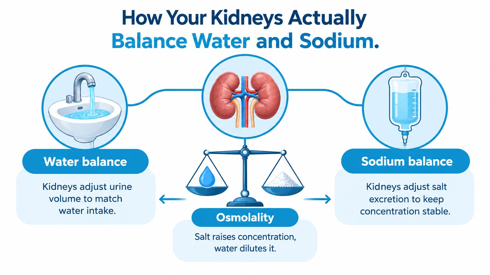 An infographic illustrating how kidneys maintain balance between water intake and sodium levels in the body.