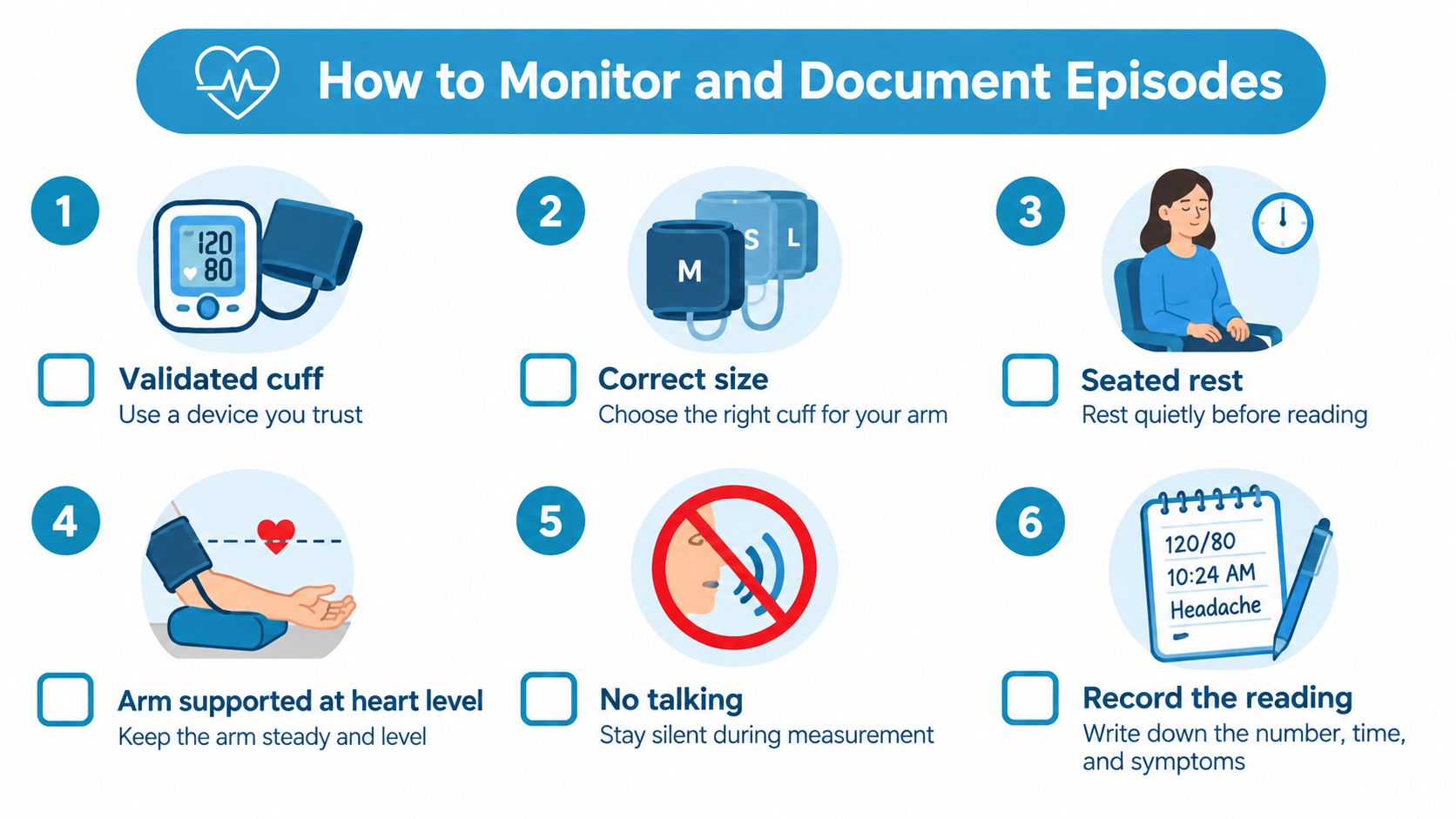 An instructional graphic showing six steps to properly measure and document blood pressure at home.