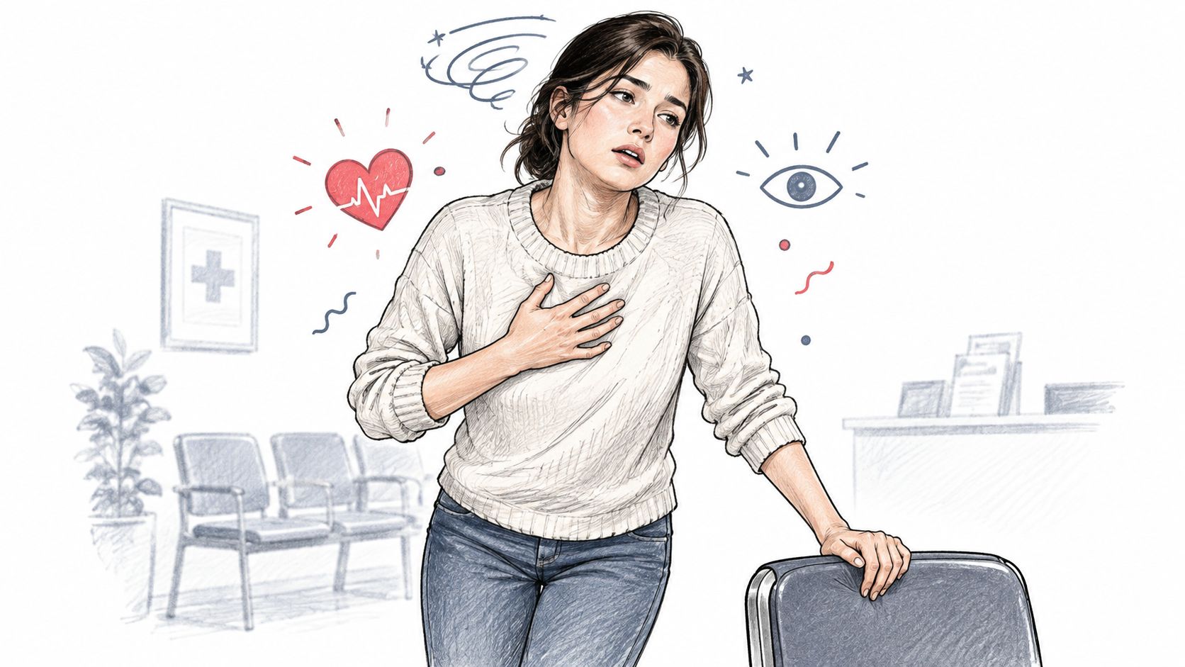 A young woman in a medical office feeling dizzy, clutching her chest, and experiencing health symptoms.