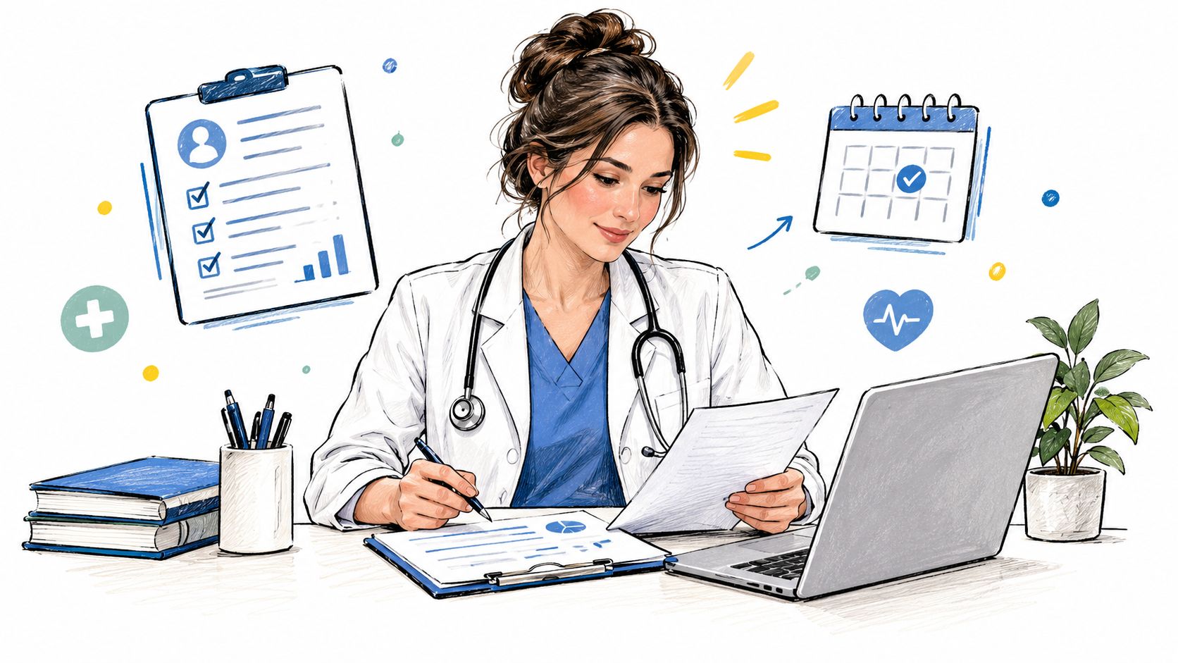 A female doctor with a stethoscope working at a desk with medical documents, laptop, and health icons.