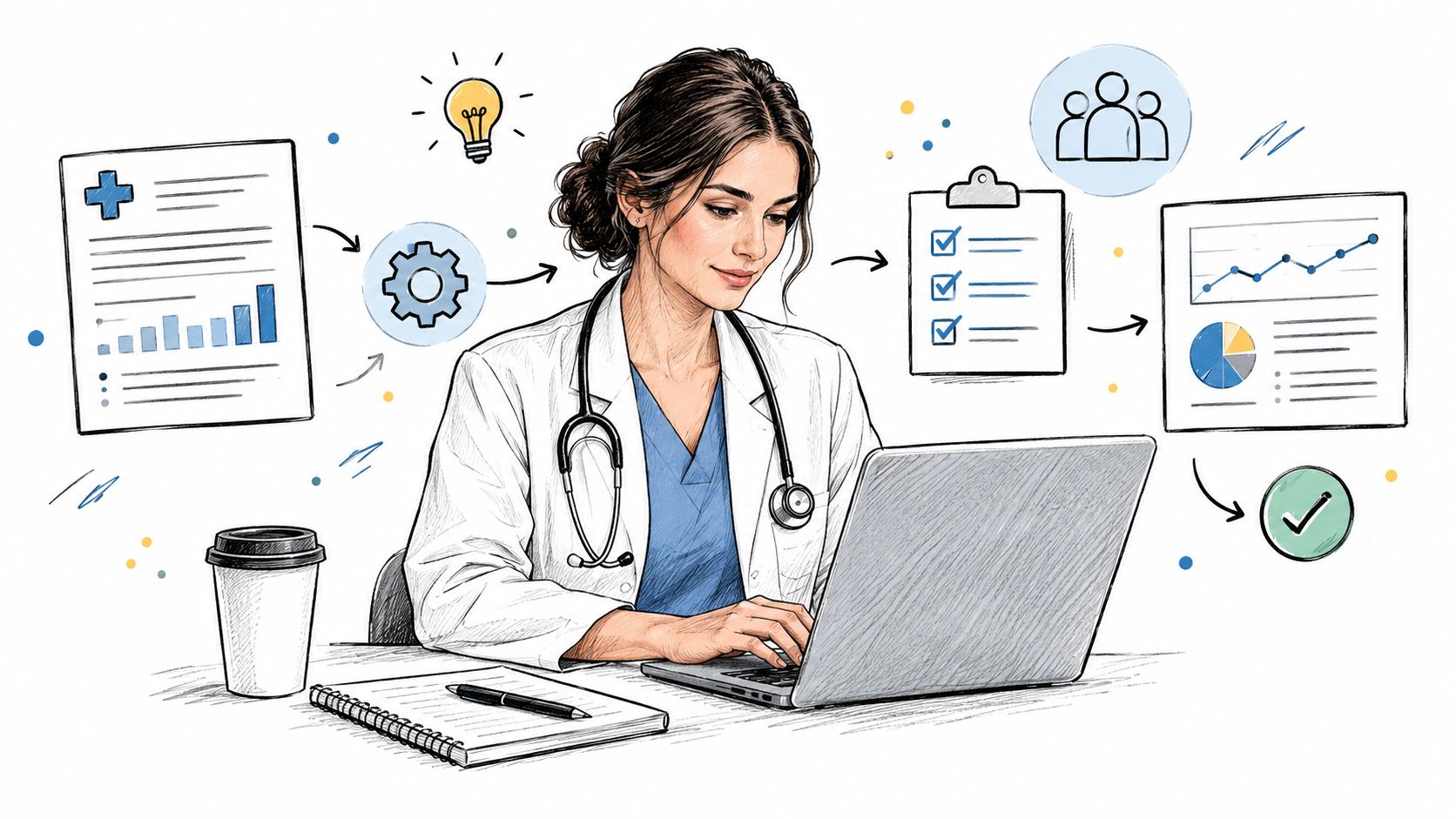 A female doctor with a stethoscope working on a laptop, surrounded by medical data and productivity icons.