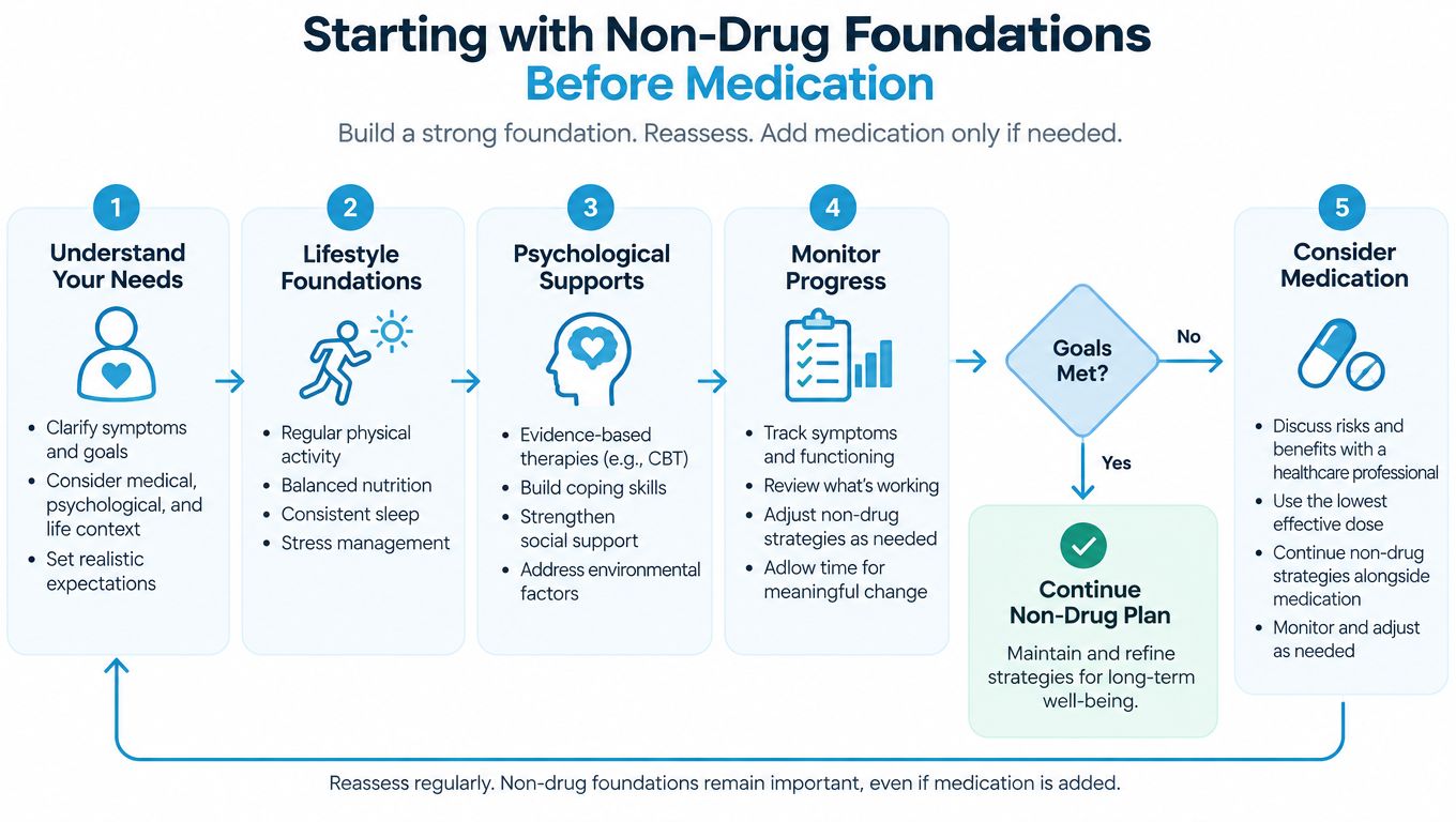A five-step flowchart illustrating a non-drug treatment approach for health conditions before considering medication.