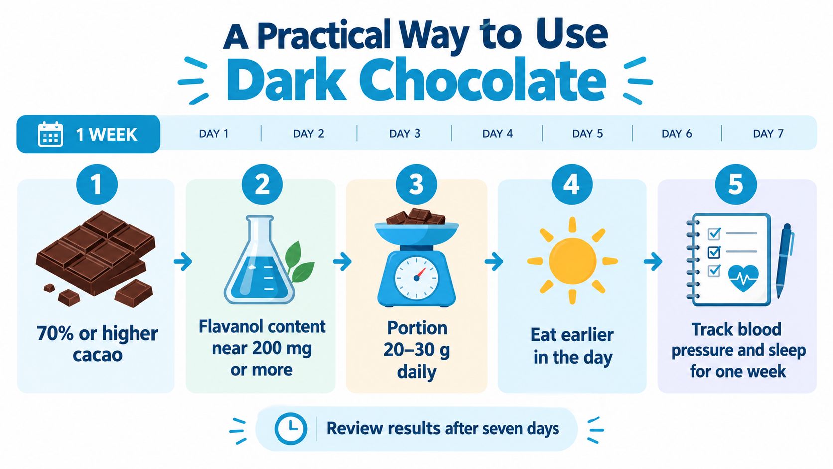 A five-step infographic showing a weekly plan for consuming dark chocolate to potentially improve health outcomes.