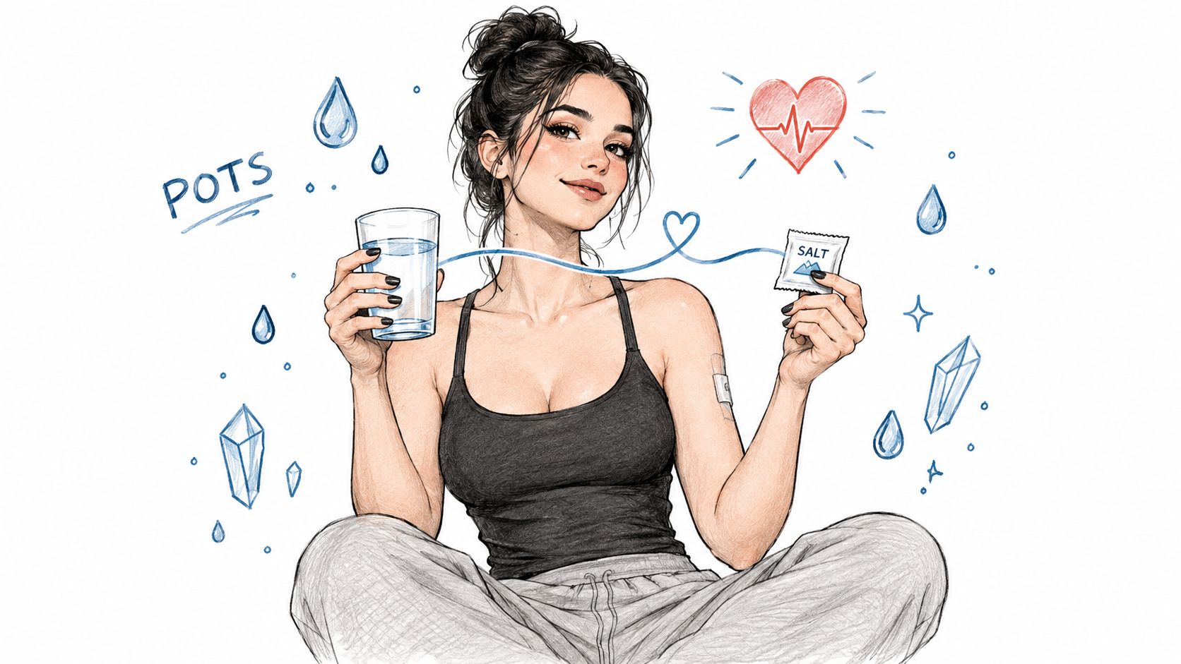 A sketched illustration of a woman with water and a salt packet, representing POTS management strategies.