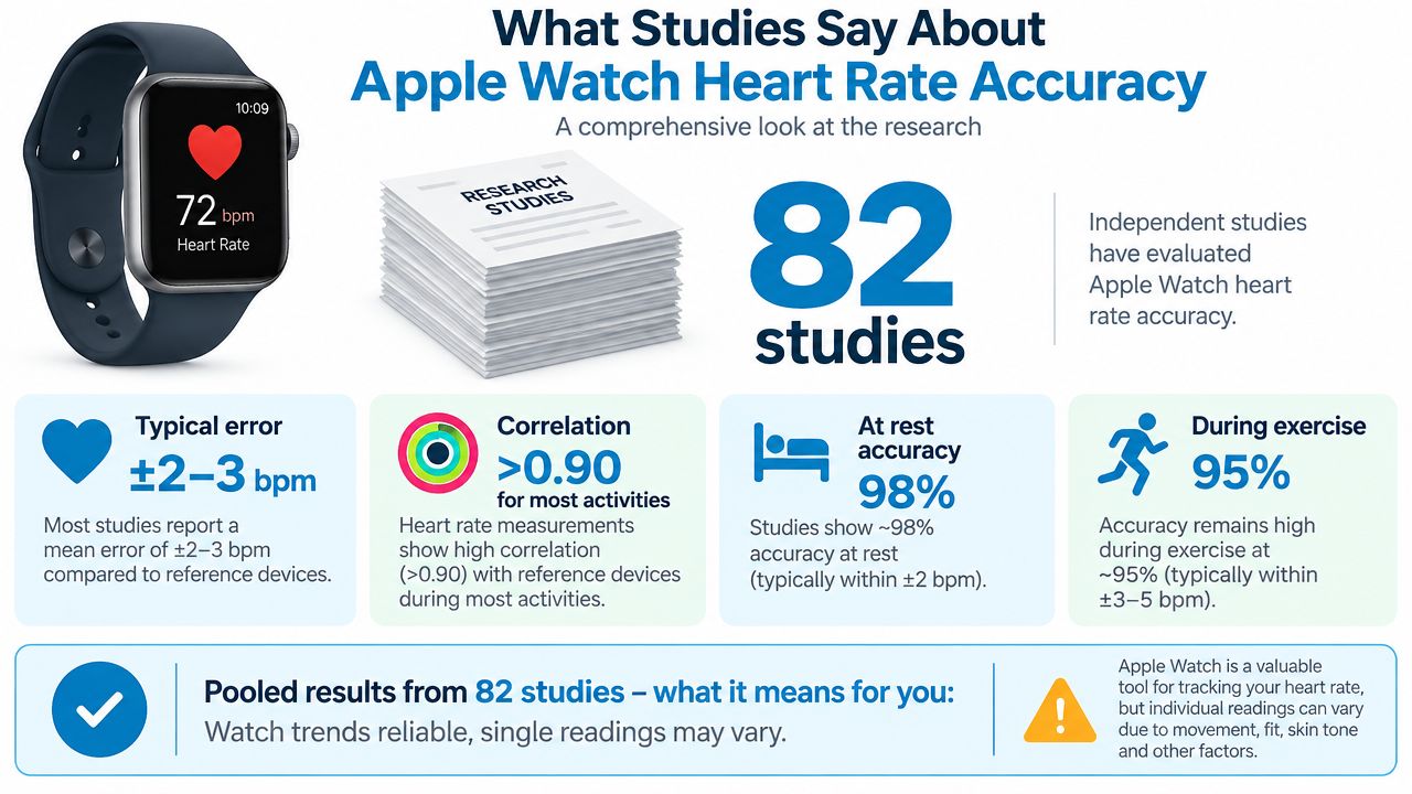 An infographic showing research findings on the accuracy of Apple Watch heart rate tracking technology.