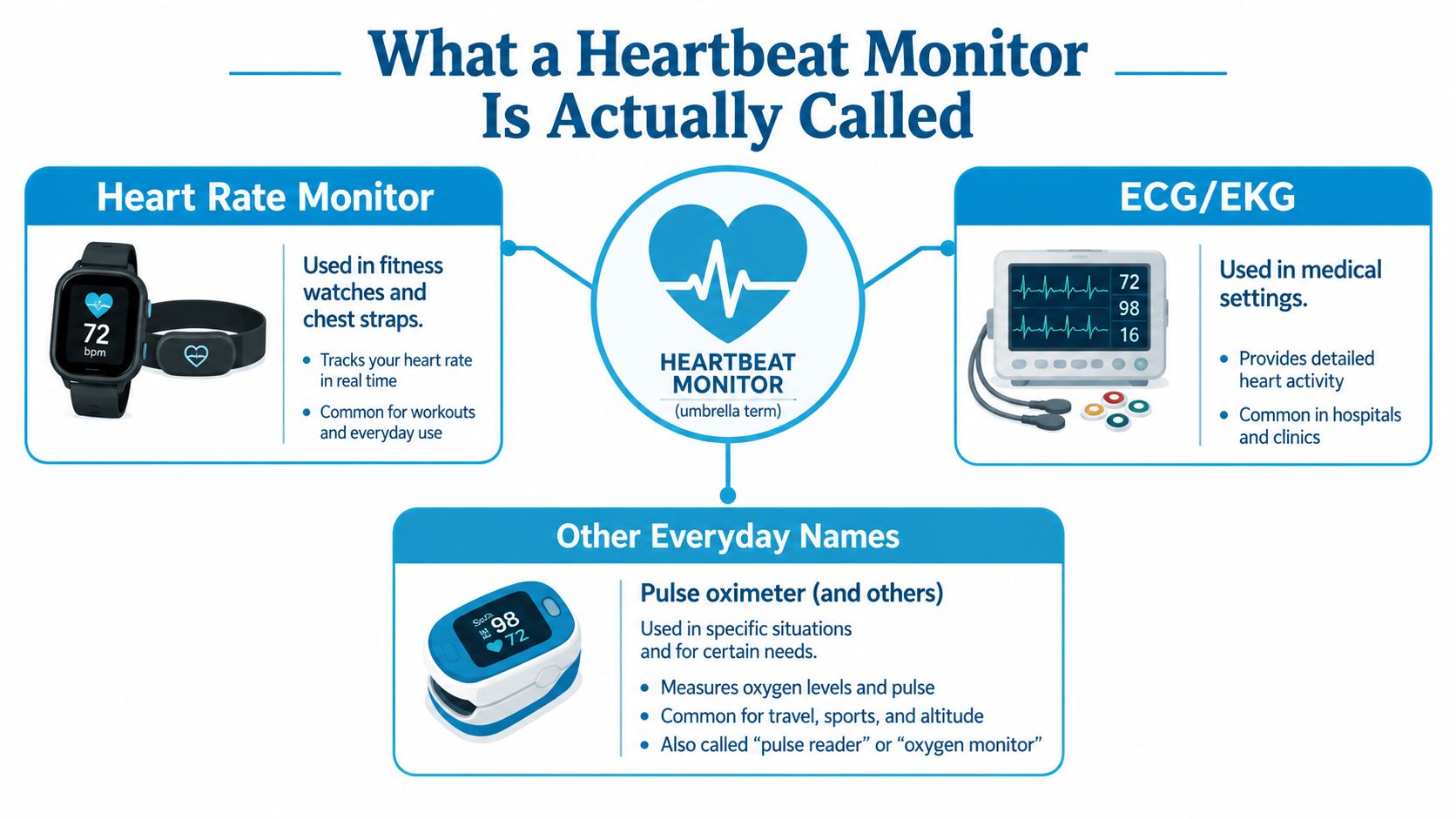 An educational infographic explaining the different types of heartbeat monitors and their specific medical or fitness uses.