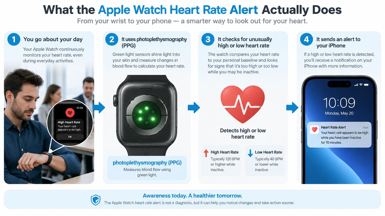 An infographic explaining how the Apple Watch heart rate alert system detects and notifies users of irregularities.