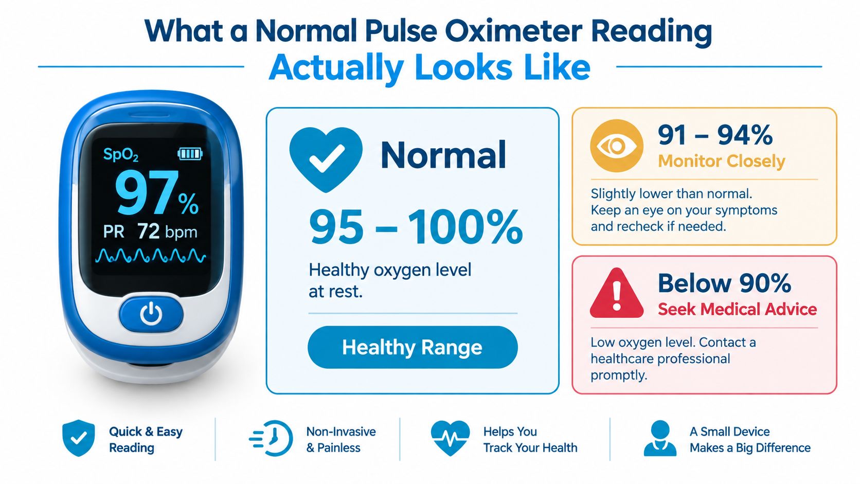 An infographic showing that normal pulse oximeter readings range between 95% and 100% for healthy adults.
