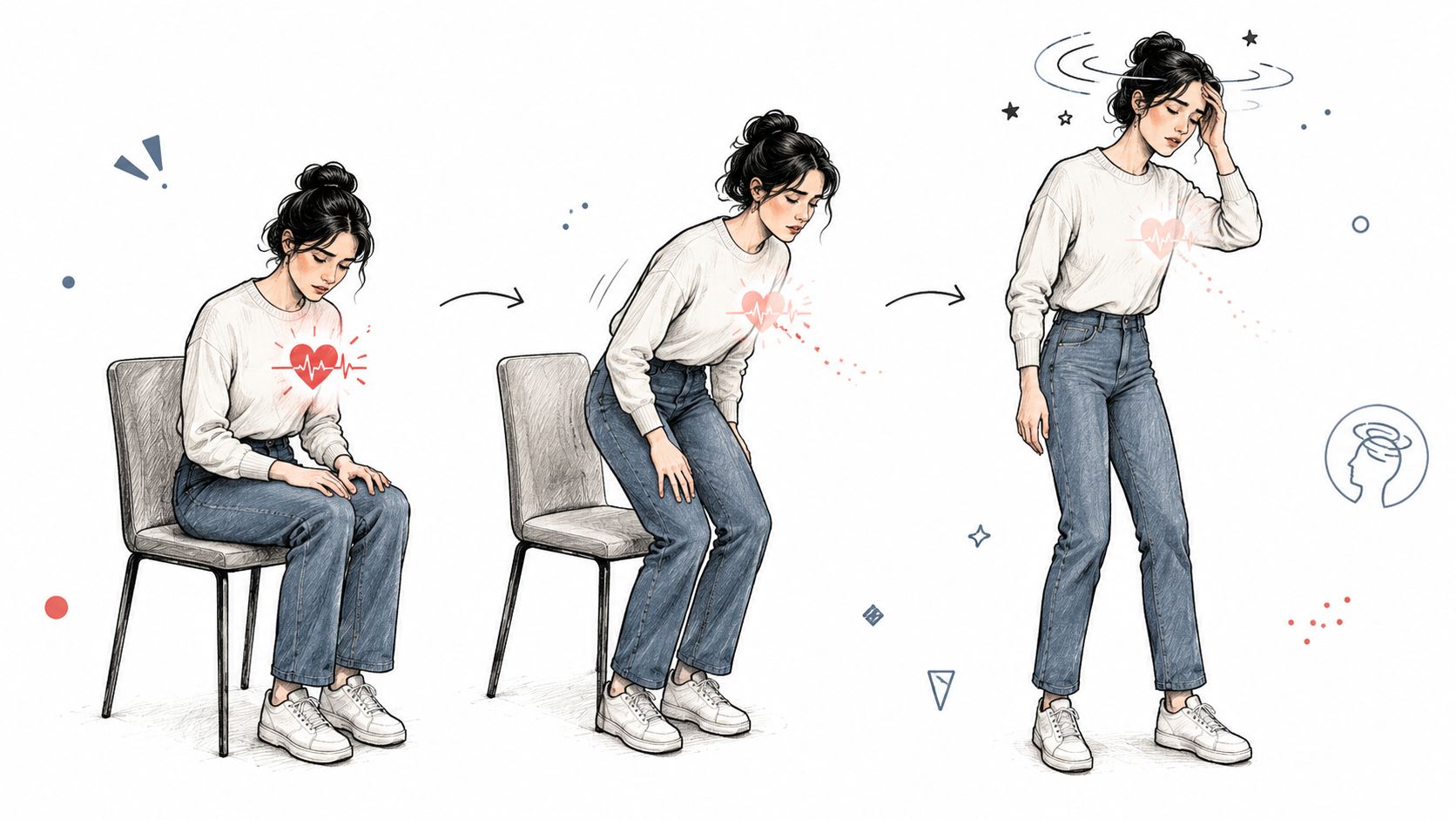 A woman standing up from a chair experiencing dizziness and heart palpitations during a health test.