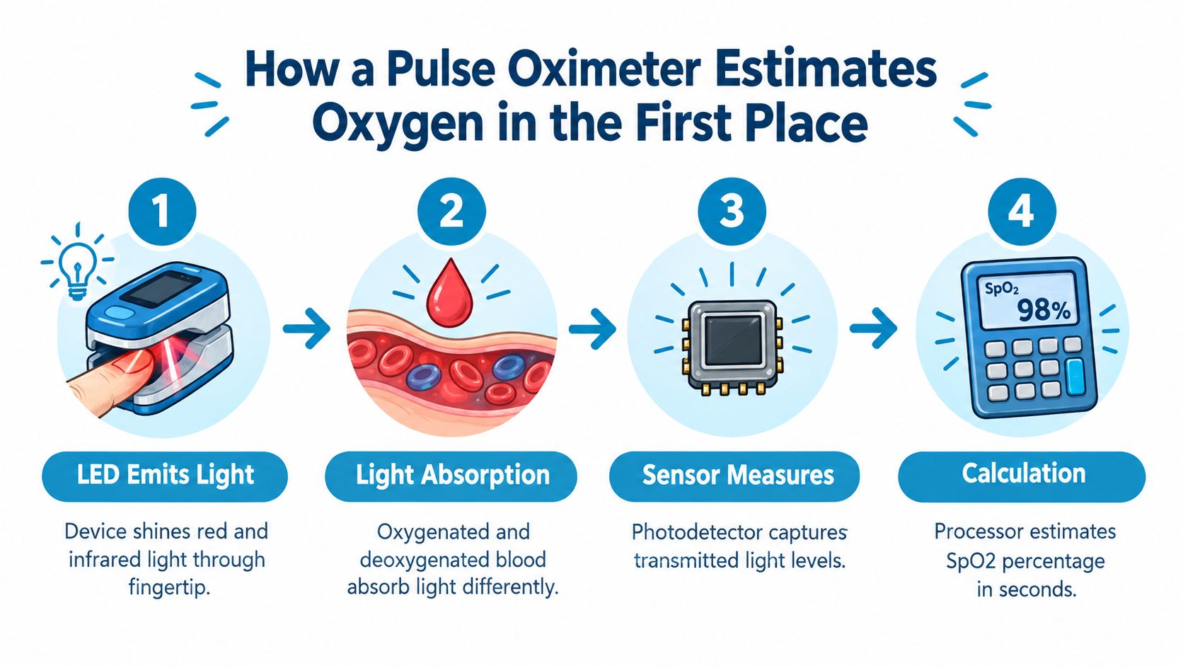 A four-step infographic illustrating how a pulse oximeter measures blood oxygen levels through light absorption.