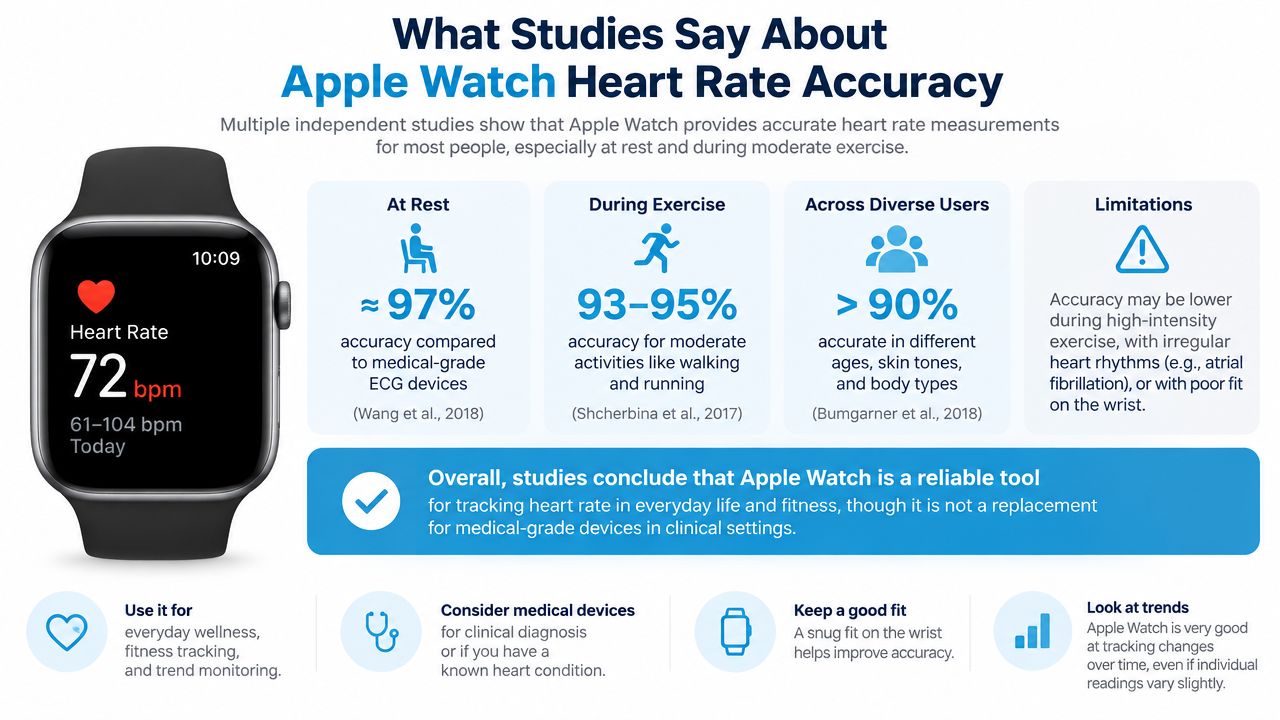 An infographic detailing the accuracy levels of Apple Watch heart rate monitoring based on independent research studies.