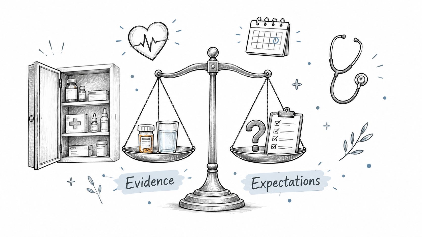A hand-drawn illustration depicting a balance scale between medical evidence and patient expectations in healthcare.