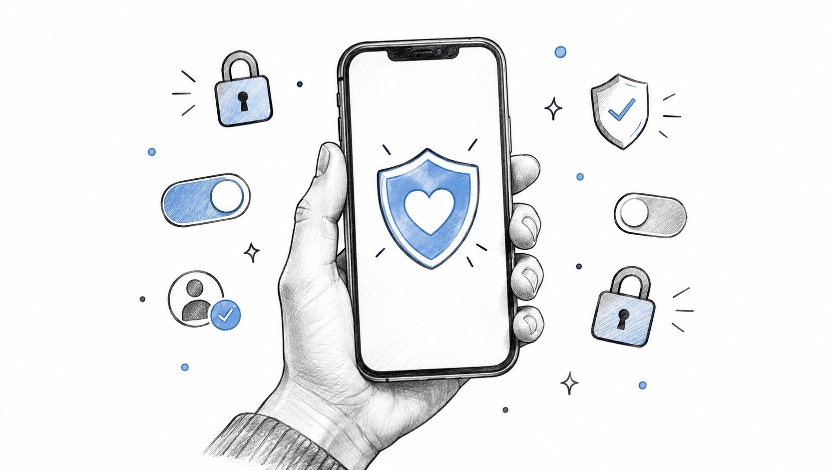 A sketched hand holding a smartphone displaying a heart-shaped shield icon surrounded by digital security and privacy symbols.