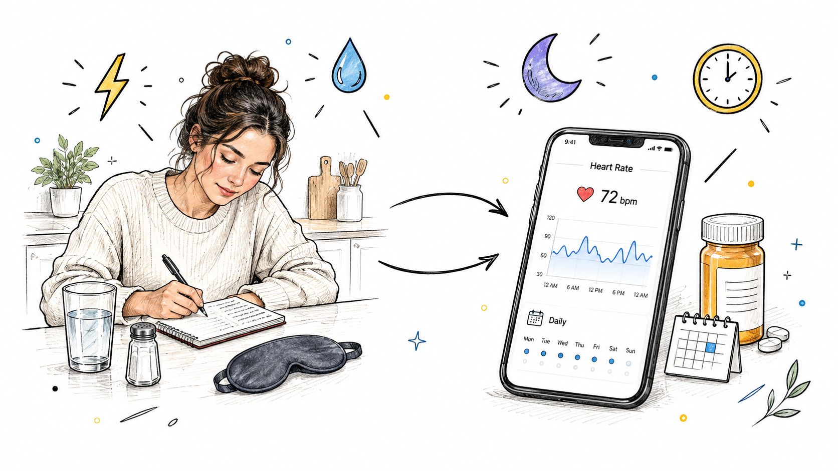 A woman tracking her heart rate and daily habits in a journal next to health monitoring digital tools.