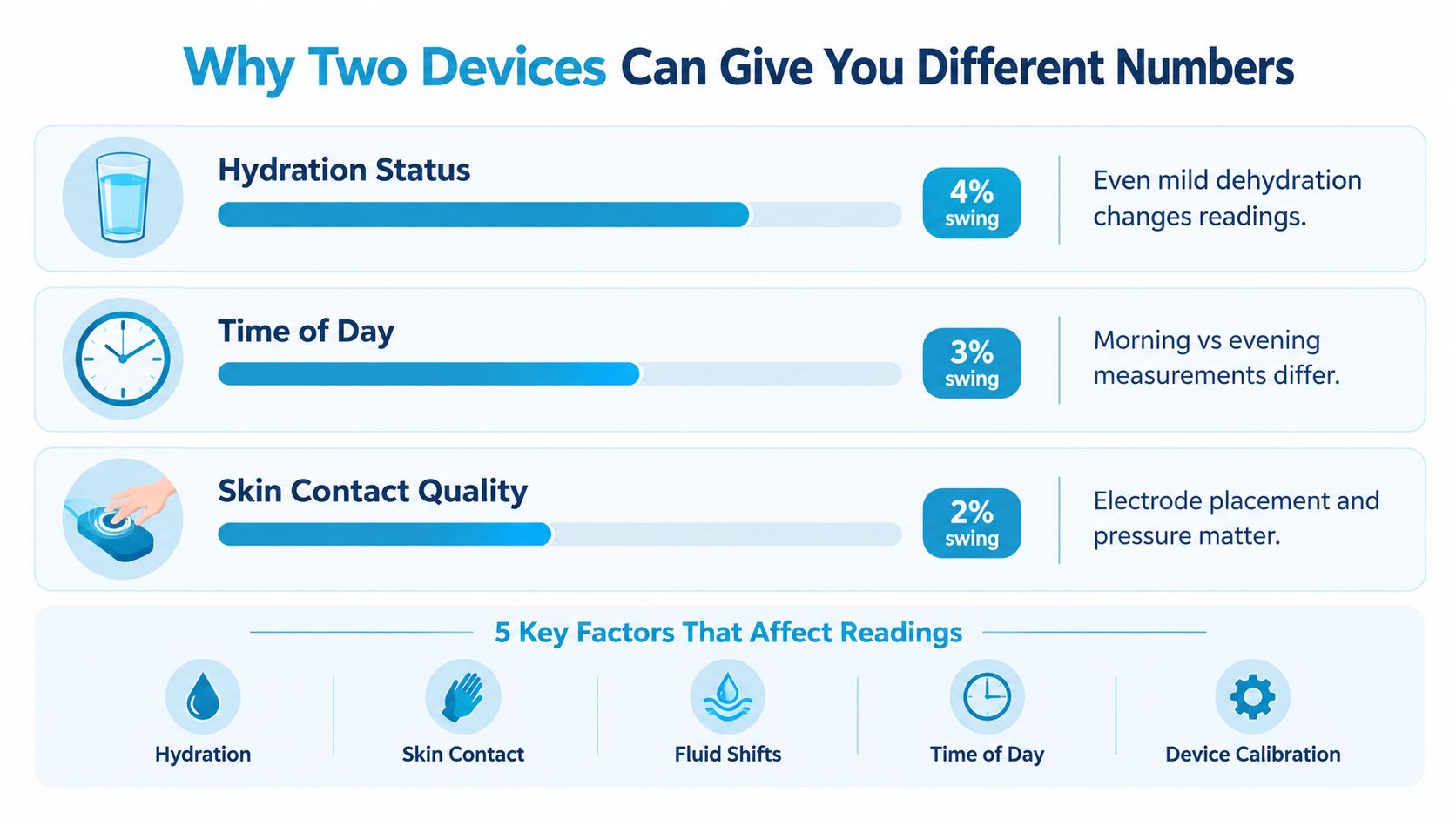 An infographic explaining how hydration, time of day, and skin contact affect biometric measurement device reading consistency.