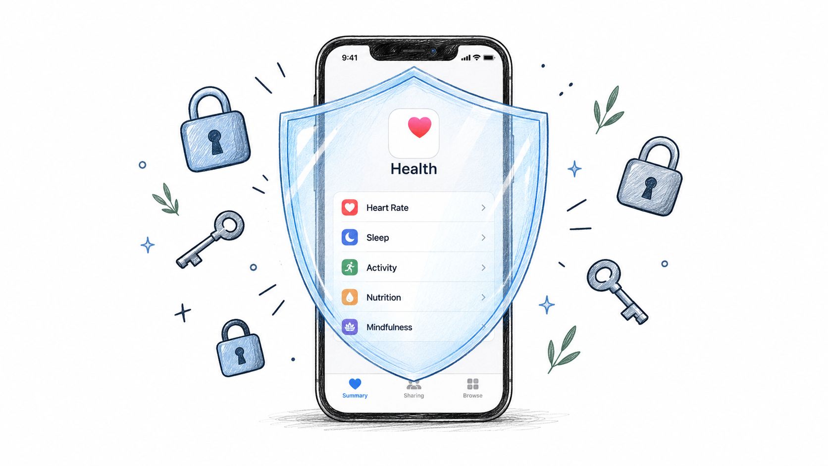 A smartphone displaying the Apple Health app interface protected by a large illustrated glowing blue shield icon.